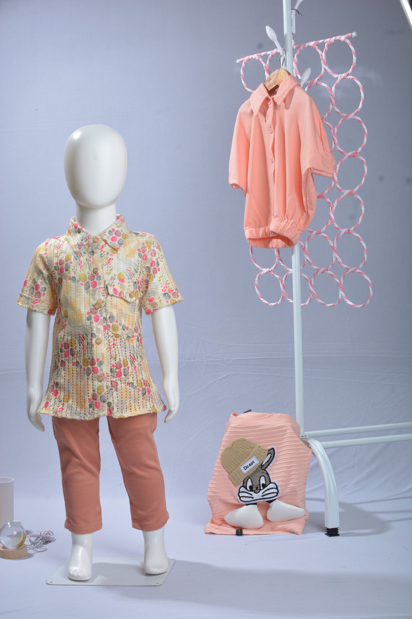Justmaama Vibrant Floral Yellow & Peach Kids' Outfit - Button-Up Top and Solid Slim-Fit  Trousers
