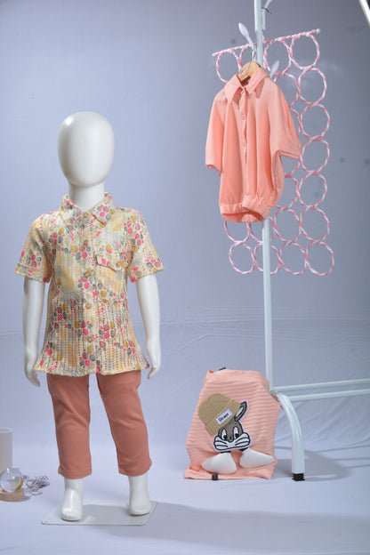 Justmaama Vibrant Floral Yellow & Peach Kids' Outfit - Button-Up Top and Solid Slim-Fit  Trousers
