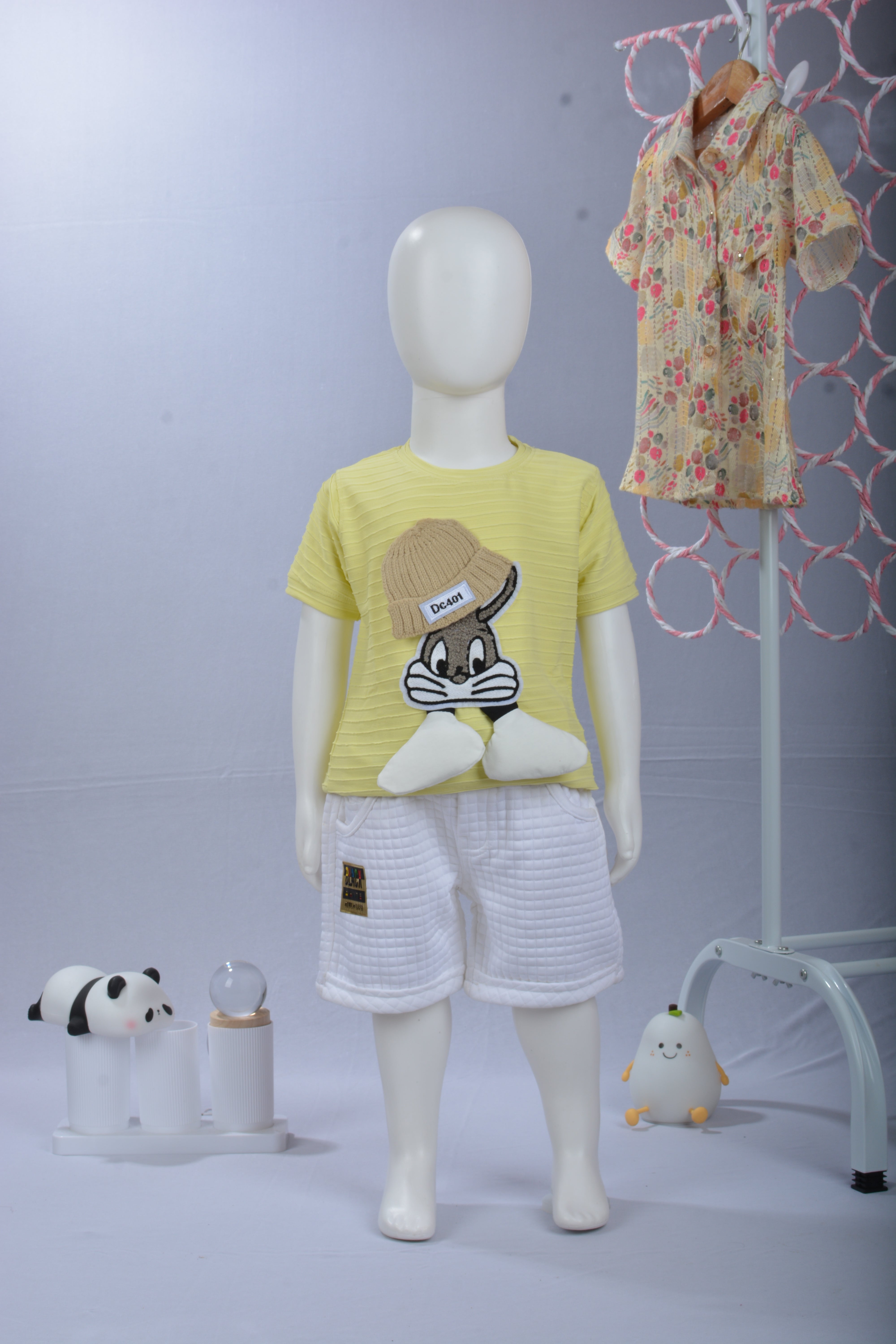 Kids' 2-Piece Ribbed Cotton Shorts Set with 3D Bunny Patch