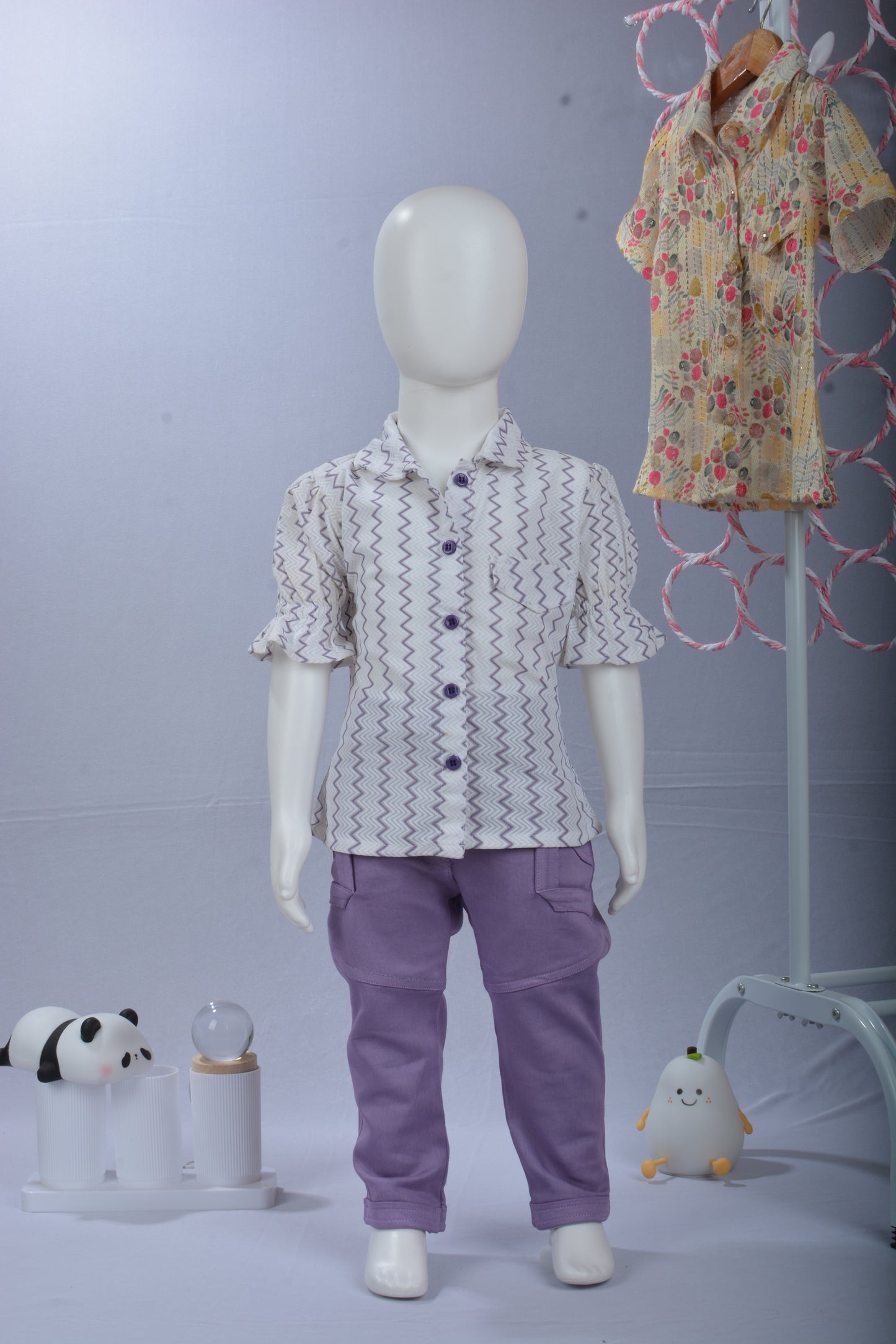 Justmaama Girls’ White Zig Zag Cotton Set – Puff Sleeve Shirt & Cargo  Trousers Outfit for Kids