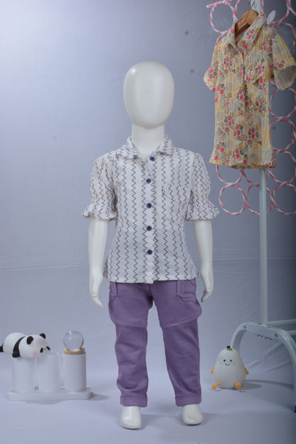 Justmaama Girls’ White Zig Zag Cotton Set – Puff Sleeve Shirt & Cargo  Trousers Outfit for Kids