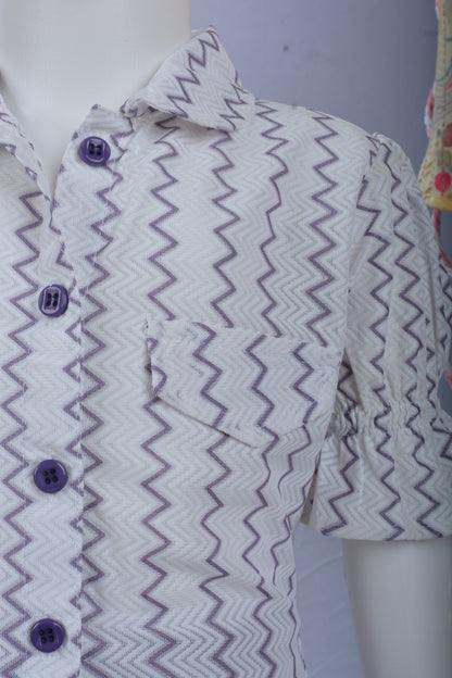 Justmaama Girls’ White Zig Zag Cotton Set – Puff Sleeve Shirt & Cargo  Trousers Outfit for Kids