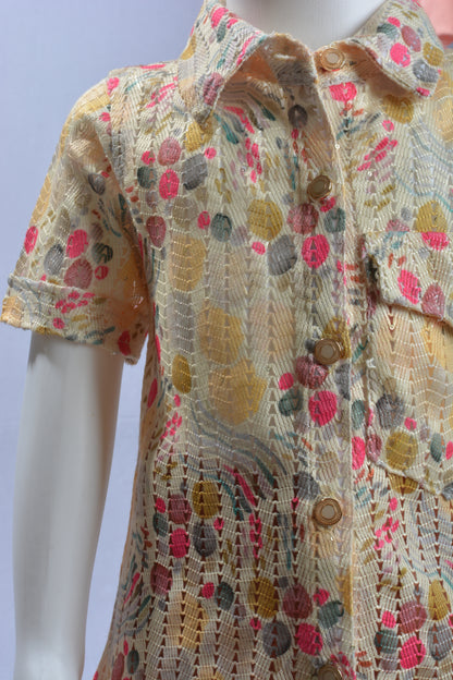 Justmaama Vibrant Floral Yellow & Peach Kids' Outfit - Button-Up Top and Solid Slim-Fit  Trousers