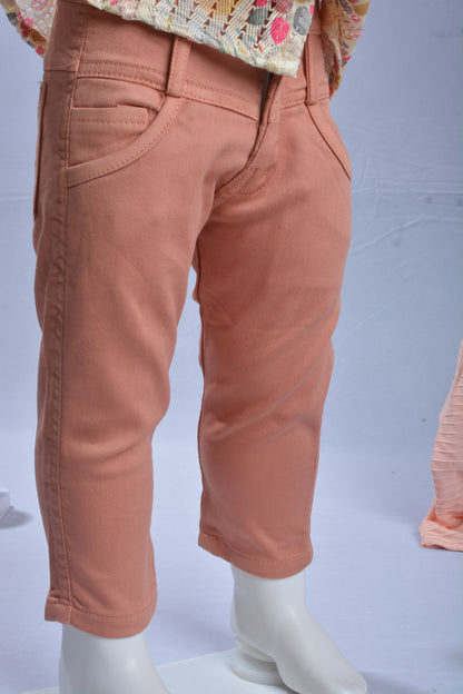 Justmaama Vibrant Floral Yellow & Peach Kids' Outfit - Button-Up Top and Solid Slim-Fit  Trousers