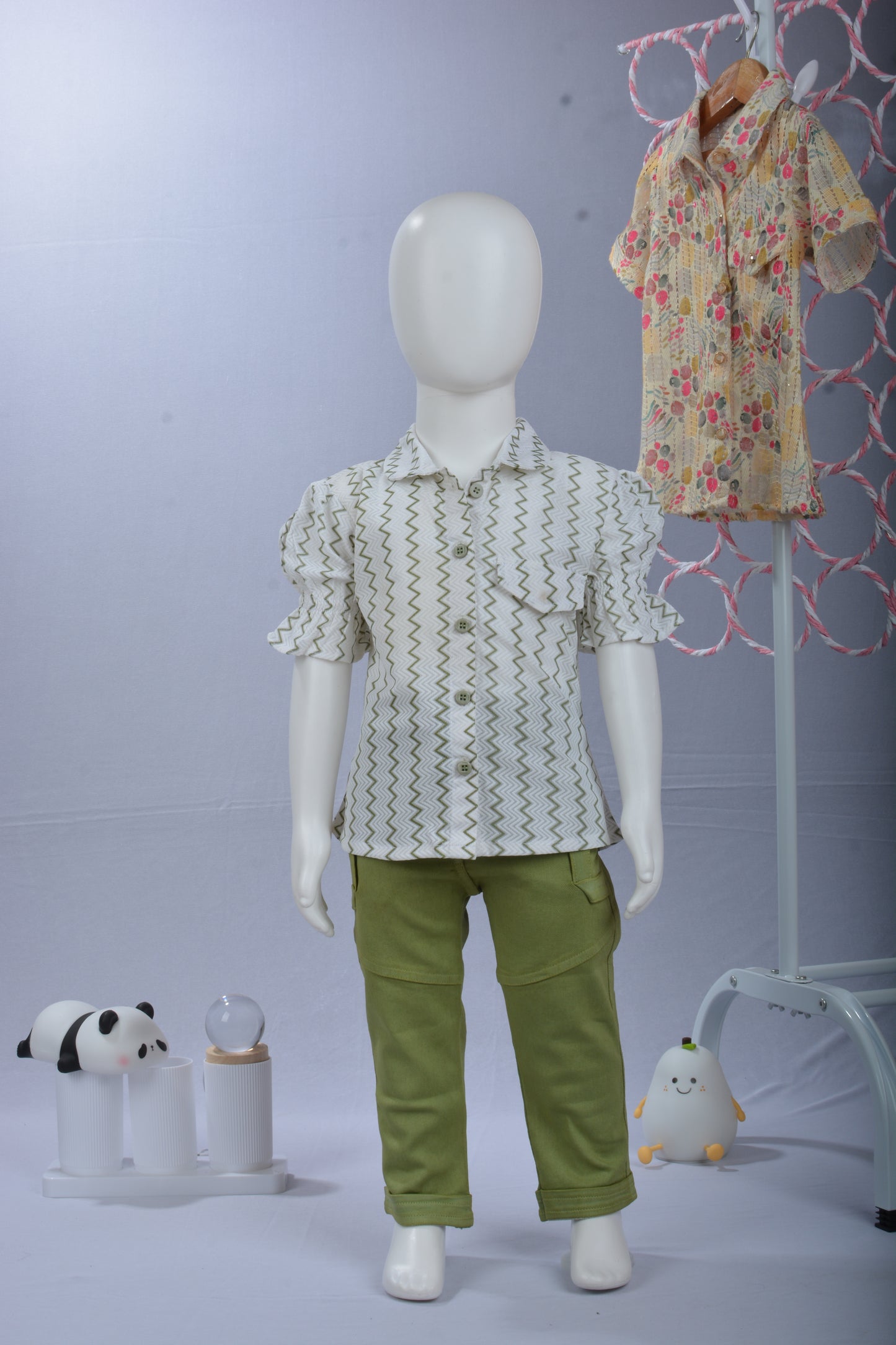 Justmaama Girls’ White Zig Zag Cotton Set – Puff Sleeve Shirt & Cargo  Trousers Outfit for Kids