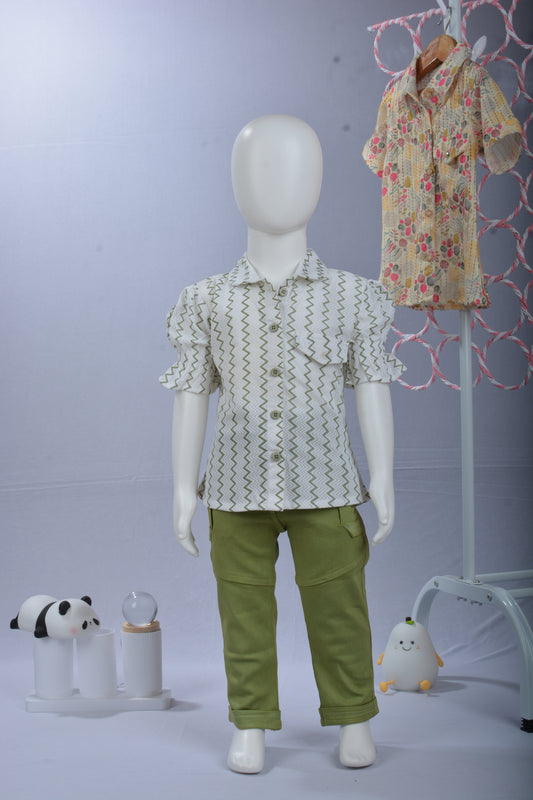 Justmaama Girls’ White Zig Zag Cotton Set – Puff Sleeve Shirt & Cargo  Trousers Outfit for Kids