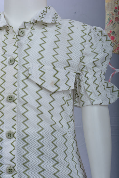 Justmaama Girls’ White Zig Zag Cotton Set – Puff Sleeve Shirt & Cargo  Trousers Outfit for Kids