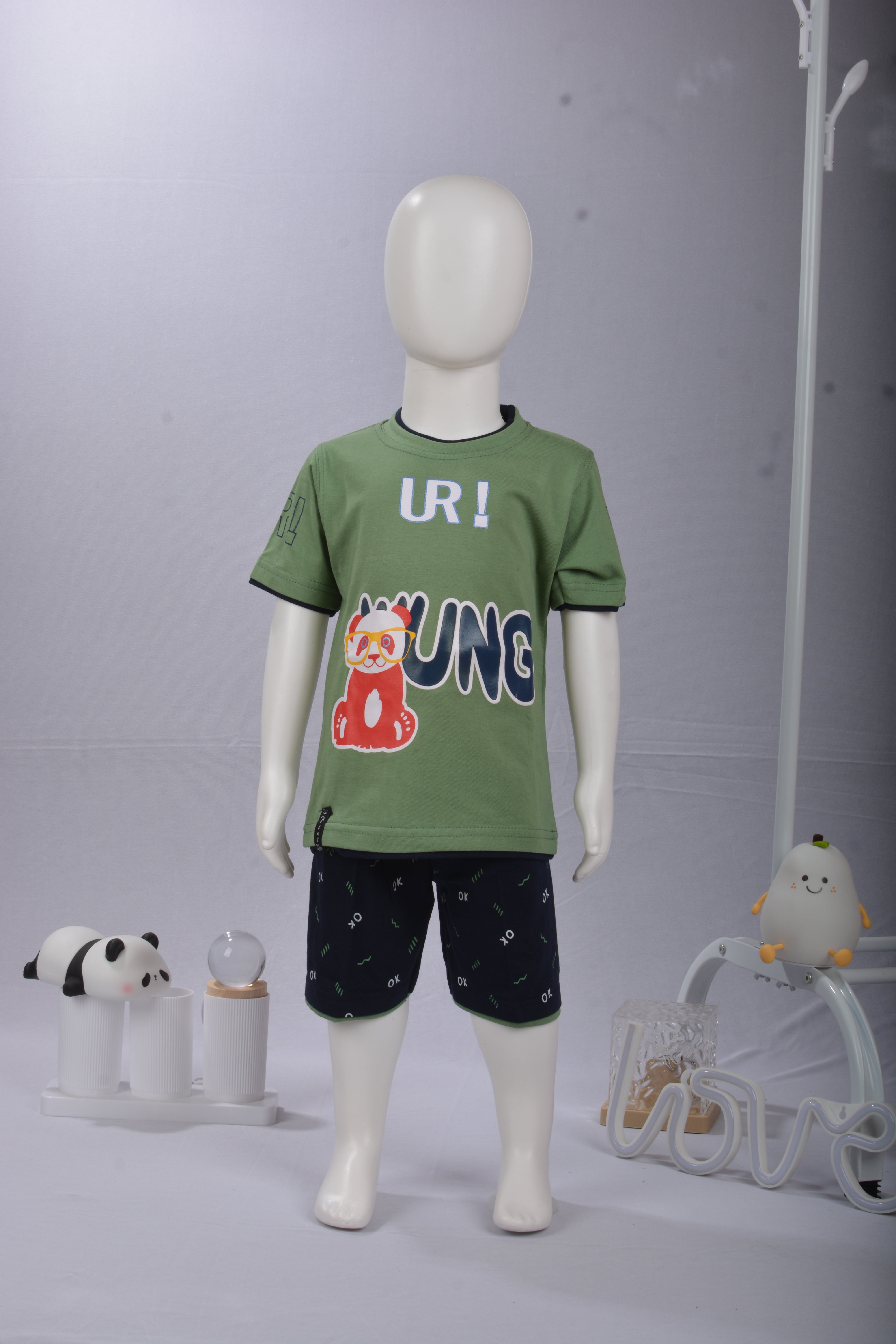 "UR Young" Panda Graphic Tee & Printed Shorts Lounge Set