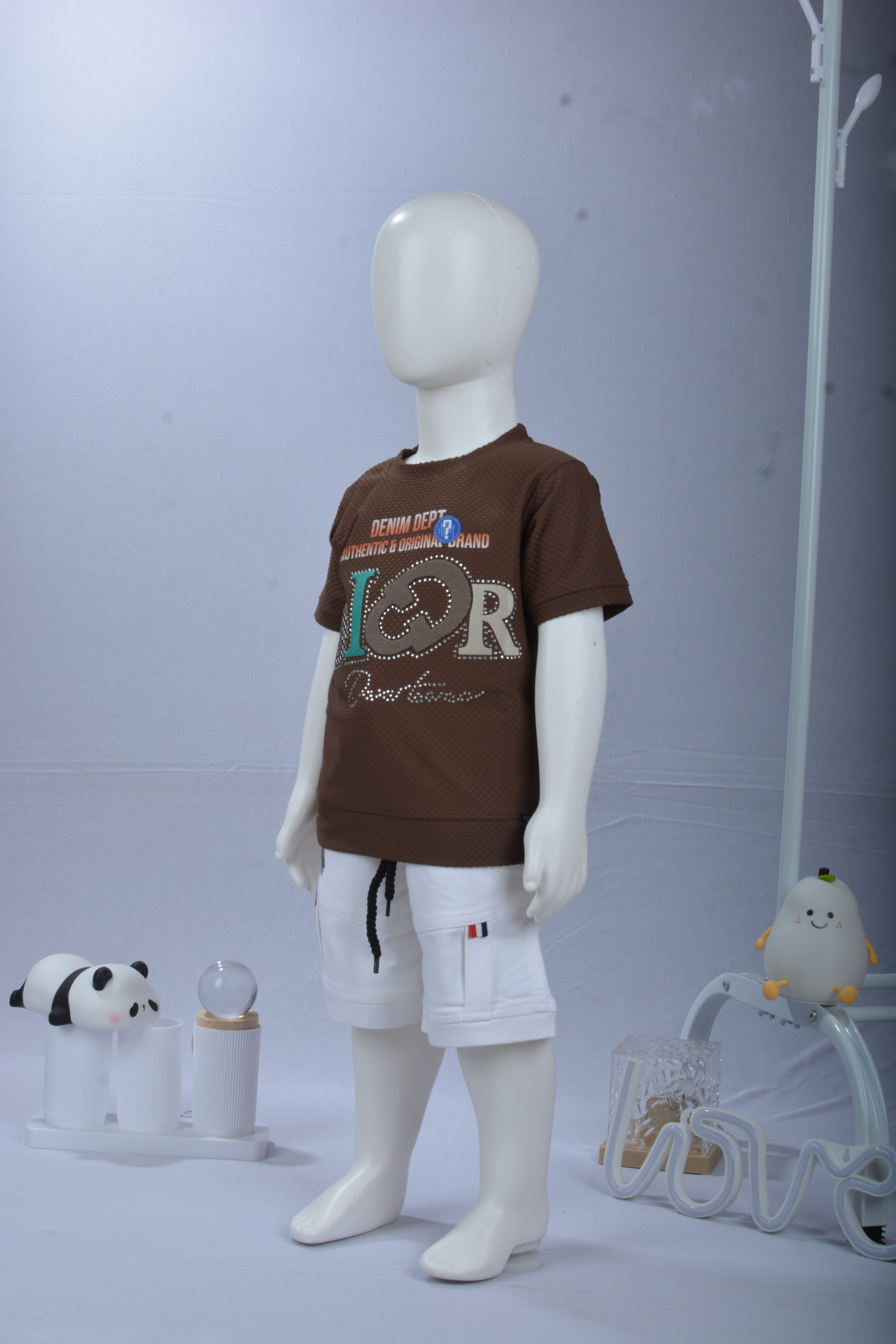 Kids Designer-Style Letter Print T-Shirt & White Drawstring Shorts Set