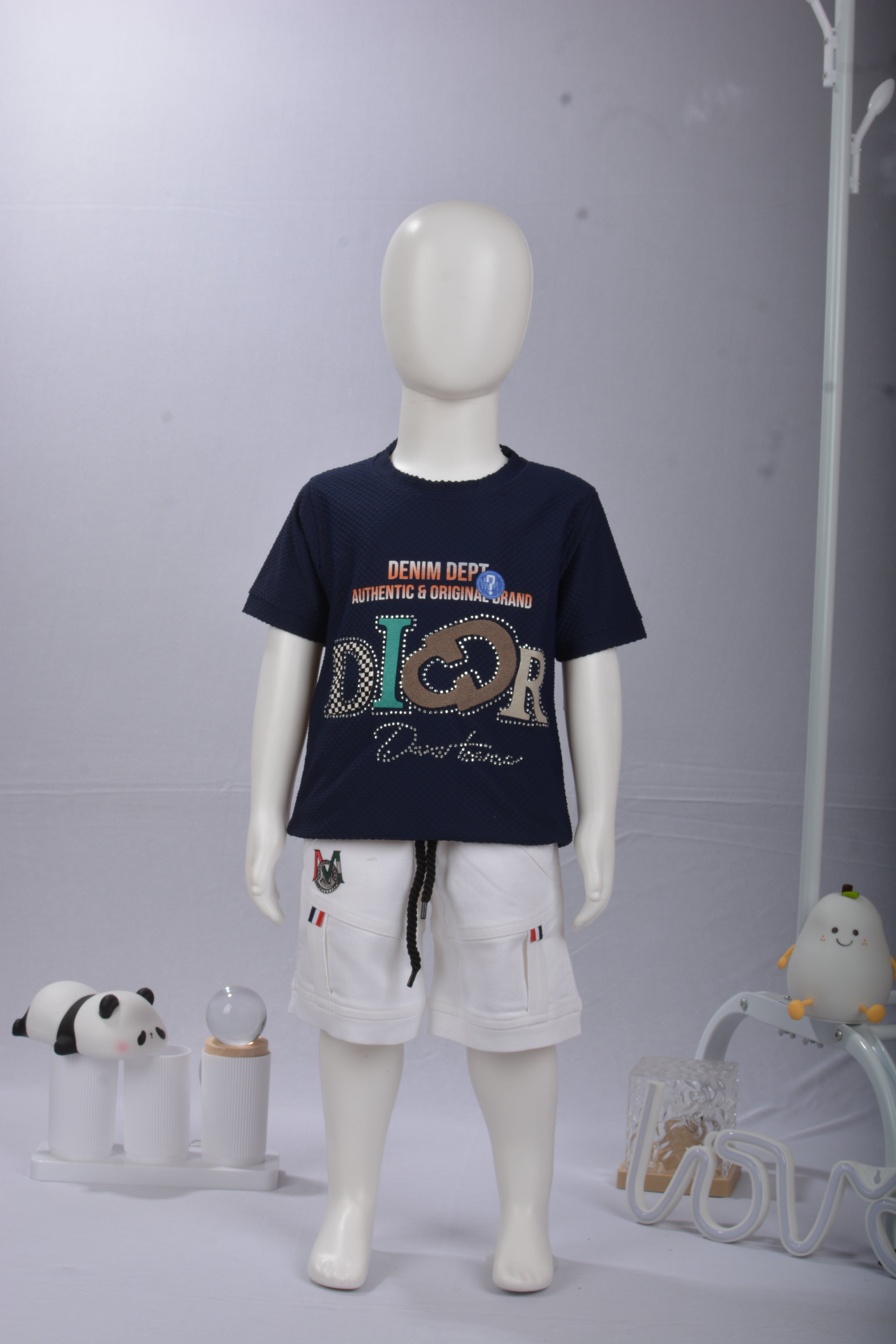 Kids Designer-Style Letter Print T-Shirt & White Drawstring Shorts Set
